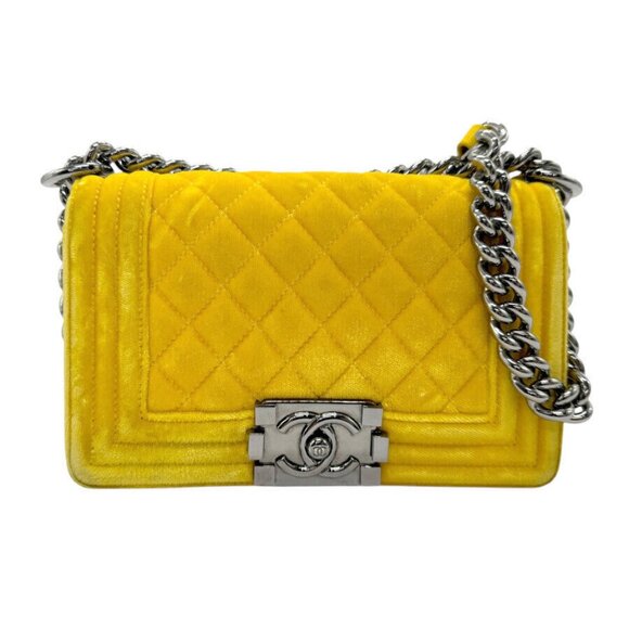 Auth CHANEL Boy Bag Chain Shoulder Bag Yellow Velvet/Metal authentic - Picture 1 of 12